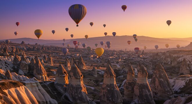 Hot air balloons over Cappadocia landscape