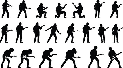 Silhouettes of Rock Guitarists in Various Poses Playing Electric Guitar Isolated on White Background for Music Performance Concept Art
