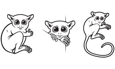 Collection of Adorable Tarsier Illustrations in Black and White Line Art