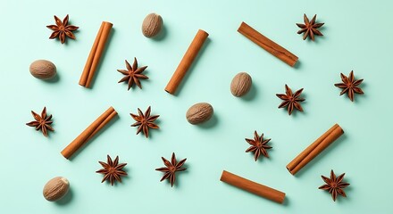 Assortment of aromatic cinnamon sticks, star anise, and nutmeg flatlay