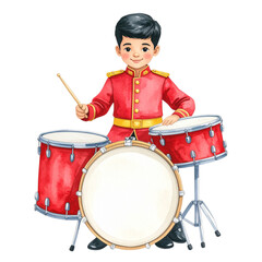 Watercolor Illustration of a Boy Drummer in Red Uniform with Drums.