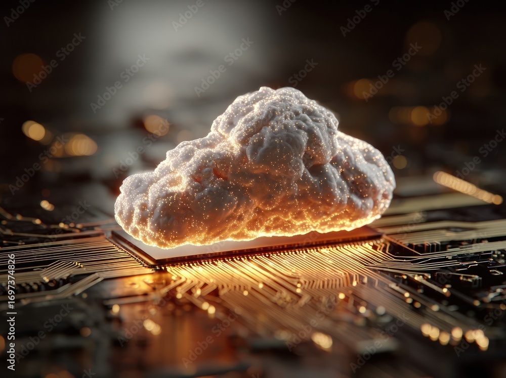 Fototapete a luminous cloud-shaped form rests atop a complex computer circuit board, highlighting the concept o