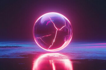A levitating neon crystal orb with glowing cracks, floating above a reflective neon surface,  created by ai