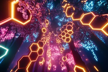 A radiant network of interconnected neon hexagons forming a honeycomb structure suspended in a digital void,  created by ai