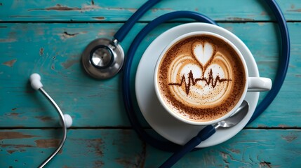 World Health Day. Health Care for Coffee Lover and Heart Disease Concept. Latte Art by Cinnamon on Top as Heart Shape and Pulse Beat Rate. Hot Coffee Cup Lay on Table inside Stethoscope. Top View
