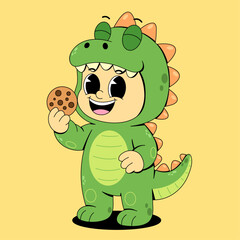 Child in Dinosaur Costume Holding Cookie