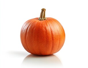 Round orange pumpkin with a brown stem casts a soft shadow on a reflective white surface