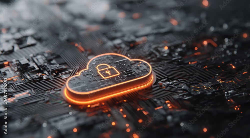 Poster a glowing cloud icon with a lock, nestled within a complex circuit board, showcases secure digital s