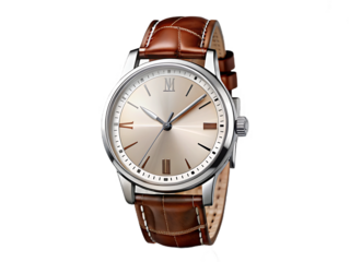 Elegant silver wristwatch with brown leather strap isolated on a transparent background image