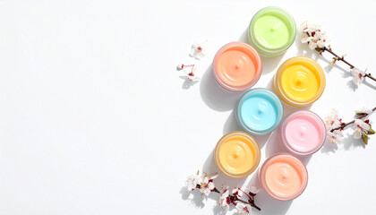 Obraz premium Vibrant cosmetic cream: a close-up shot of an array of colorful cosmetic cream containers, exuding a cheerful and artistic vibe with the soft light. 