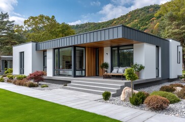 a modern house with white walls and dark gray metal sheet cladding