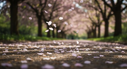 Path lined with cherry trees and falling petals