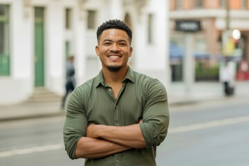 Smiling young man professional headshot outdoors city street arms crossed confident approachable