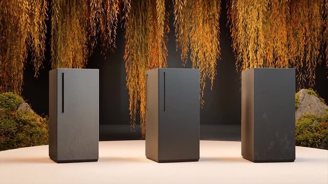 Modern display of three rectangular objects against a backdrop of autumnal foliage.