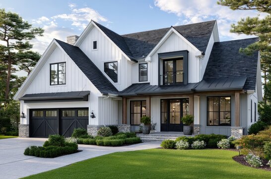 a modern two-story house with white walls and black vertical cladding, with dark gray trim on the windows and doors