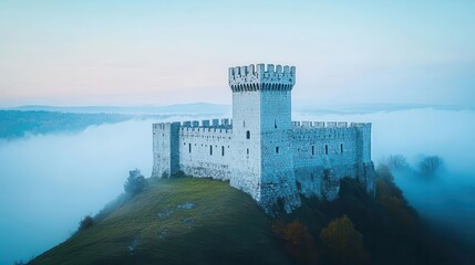 Medieval stone castle with tall central tower and surrounding fortress walls perched on a hilltop shrouded in mist in a scenic landscape