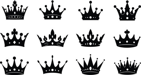 Collection of twelve decorative crown silhouettes with unique royal designs, perfect for luxury, monarchy, heraldry, award, and ceremonial graphic projects