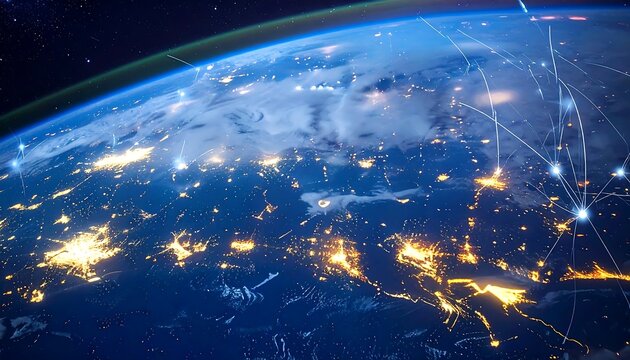 Earth at night, interconnected by digital threads