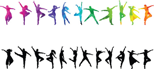 Colorful and black silhouette dancers in dynamic poses, vibrant gradient movement illustration, artistic dance vector design for creative projects and backgrounds