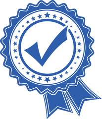 Blue Quality Assurance Medal with Check Mark Symbol for Approved Products and Services with Festive Ribbon Detail