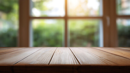 Wooden Tabletop with Natural Light and Greenery in Modern Rustic Home Decor Setting