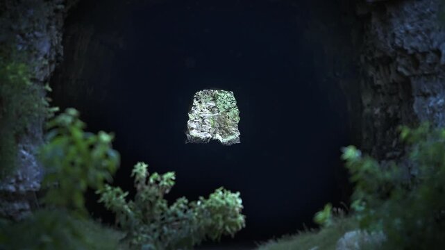 Silhouette of Bats Flying inside a Cave Tunnel. Slow Motion.