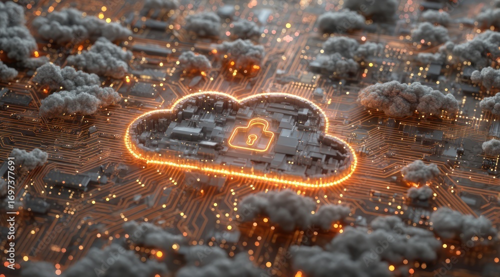 Poster a secure cloud-based system, outlined by warm orange light, is depicted on a complex circuit board, 