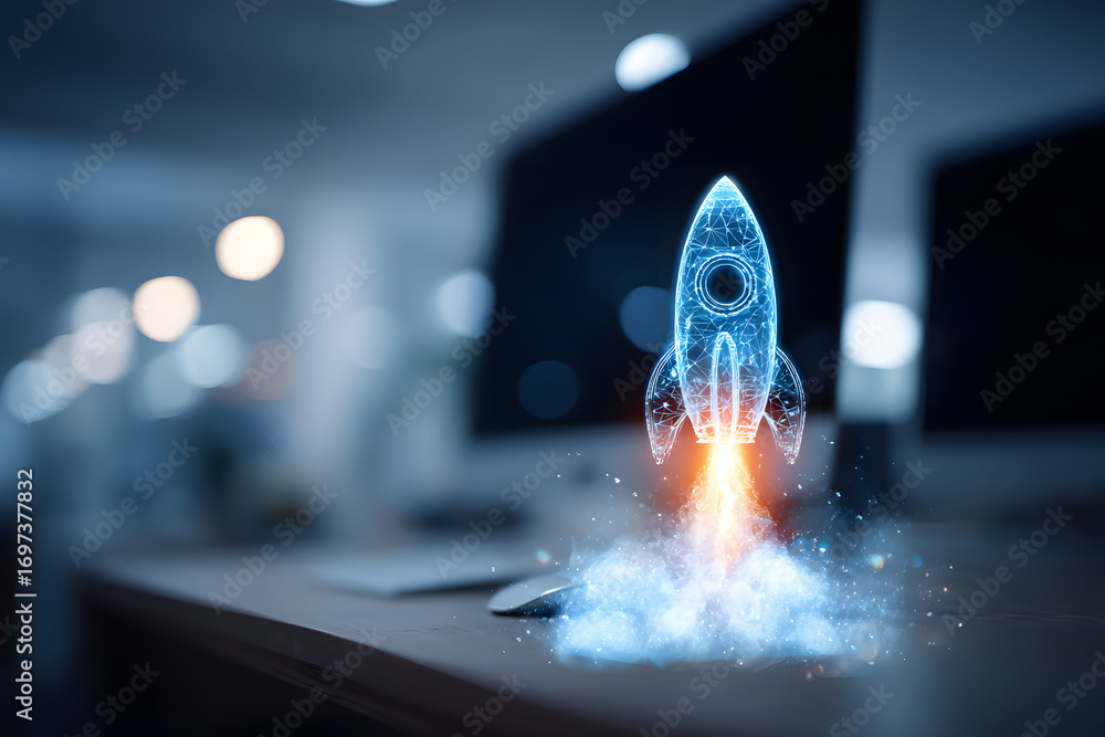 Poster desktop computer background in office and start up teme hologram drawing. doube exposure. startup co