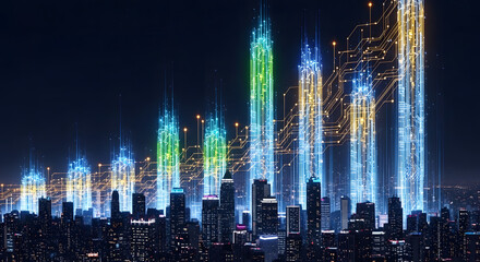 A bar graph made of light beams and circuits, rising from a city skyline at night, representing tech innovation and economic growth