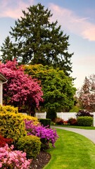 Vibrant spring garden bordering a house