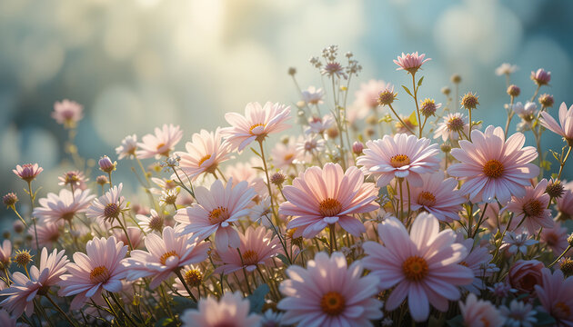 Pink Daisy Flowers Blooming in Soft Sunlight in Garden Scene