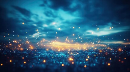 Stunning night sky scene with vibrant clouds glowing with orange and blue hues, illuminated by countless sparkling lights creating a magical atmosphere