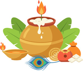 Flat Illustration of Pongal Celebration Items Still Life for Microstock