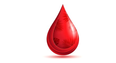 Fototapeta premium Red droplet with tropical leaf pattern on a white background, glossy and layered