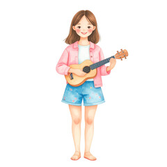 Watercolor Illustration of a Girl Playing Ukulele with Floral Shorts.