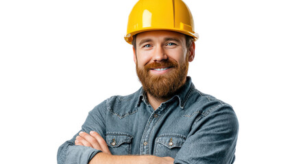 Confident Construction Worker: A smiling construction worker, with his arms folded and sporting a yellow helmet, embodies professionalism and skilled tradesmanship.