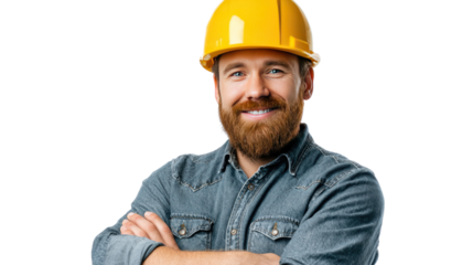 Confident Construction Worker: A smiling construction worker, with his arms folded and sporting a yellow helmet, embodies professionalism and skilled tradesmanship.