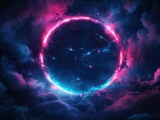 Obraz premium Vibrant cosmic scene featu a luminous pink and blue circular nebula surrounding a starry sky with constellations and shooting stars in a surreal space environment
