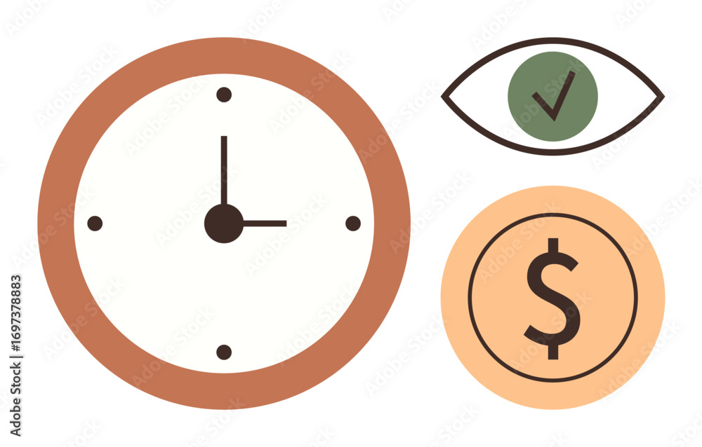 Poster clock symbolizing time, eye with checkmark indicating quality check, and dollar sign representing fi
