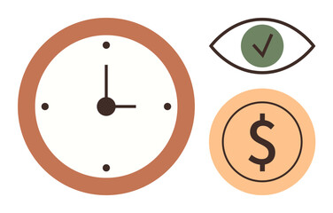 Clock symbolizing time, eye with checkmark indicating quality check, and dollar sign representing financial value. Ideal for scheduling, productivity, success, business, efficiency, planning simple