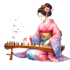 Watercolor Illustration of a Japanese Woman Playing the Koto Instrument.