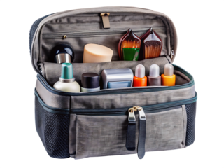 Gray fabric toiletry bag with assorted personal care items isolated on a transparent background travel