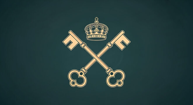 Elegant golden crossed keys beneath a royal crown on a dark background