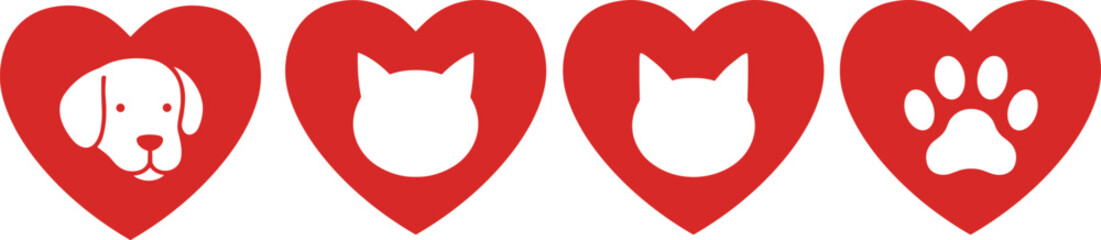 Red heart silhouettes with dog face, cat face, paw print icons symbolizing pet love, animal care, and veterinary compassion design