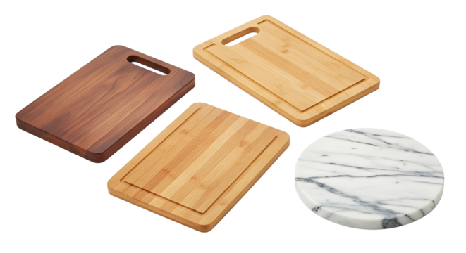 Assorted wooden bamboo and marble cutting boards isolated on white background perfect for kitchen tools cooking utensils and food preparation themes