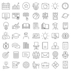 Education Line Icons Editable Stroke. Book, Audiobook, E-Reader, Studying, Tutorial, Personal Organizer, Diary, learning and research in education, school or college.
