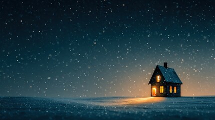 Minimalist Christmas night scene of a detached house with warmly lit windows, a deep blue background with delicate falling snow, and a long exposure starburst effect above the roof