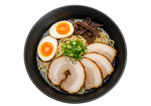 Top View of Japanese Ramen Bowl with Pork and Eggs