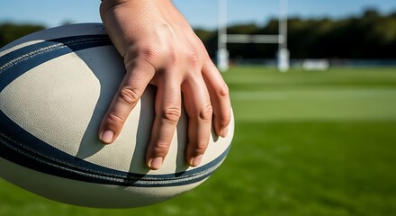Close-up of a hand securely gripping a rugby ball on a sunny field, with goalposts visible in the background.