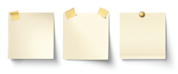 Three beige square notes pinned on white, two with tape and one with a push pin, casting shadows